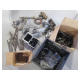 milk crate, bolts, hardware