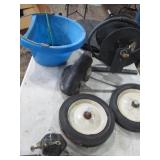 bucket, hose reel, wheels, tractor seat cover