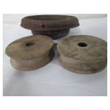 two 6"wood pulleys, milk can lid
