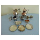plated silver coffee servers, plates, creamer