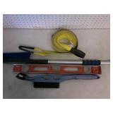 tow strap, level, brushes