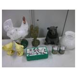 cement chickens, cast rooster, tote & lid