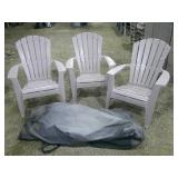 3 outdoor chairs, one with slight damage, cover