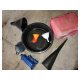 oil catch pan, funnels, gas can