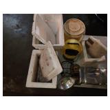 styrofoam coolers, minnow bucket, light