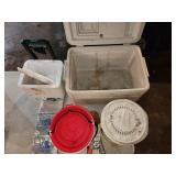 styrofoam coolers, 2 minnow buckets