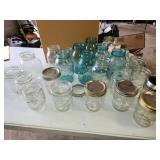 blue and clear canning jars