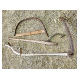 scythe, saw, cant hook