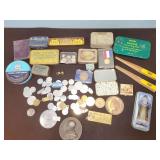 tins, trinkets, pins, tokens