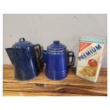 enamelware pitchers, cracker tin