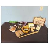 hat stretcher, wooden shoes, suit case, more