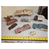 old metal toy cars, rough/damaged condition