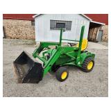 John Deere 445 tractor, #40 loader, mower deck