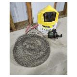 fish basket, bait bucket, reel