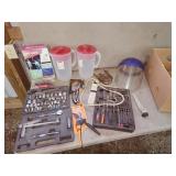 tools, pitchers, lawn darts, face shield