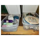 two totes, lids, yarn & crafting items
