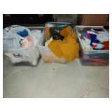 three totes, lids, clothing & blankets
