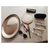 glasses, cases, tray, mirror