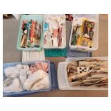 5 totes, buttons, lace, sewing supplies