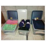3 totes, lids, material and clothing
