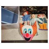 tote, lid , BOZO pillow, dolls
