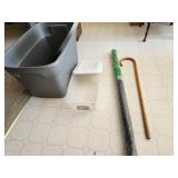empty totes, screen, cane,