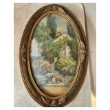 antique oval frame, dog on steps print