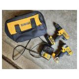 DeWalt 12v drill, impact, bag, charger, batteries