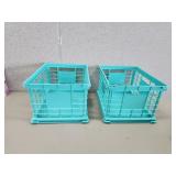 2 teal plastic stackable storage crates
