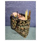 Floral print knitting basket with contents