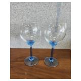2 Blue stemmed 8-in wine glasses