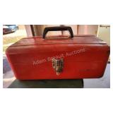 Vintage red metal tool box with contents Vintage red metal tool box with contents