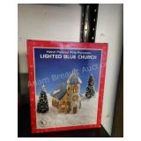 Hand painted fine porcelain lighted blue Church Hand painted fine porcelain lighted blue Church