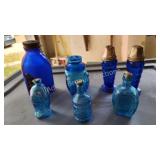 7 pcs vintage cobalt blue glass bottles, salt 7 pcs vintage cobalt blue glass bottles, salt