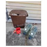 Rubbermaid trash can, Ortho hand-seeder, (2) 3 Rubbermaid trash can, Ortho hand-seeder, (2) 3