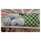 2 green check wicked pillows, 8 blue egg shaped