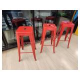 3 Modern Red metal 30 inch bar stools, like new