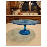 Vintage Blue depression glass stem cake plate