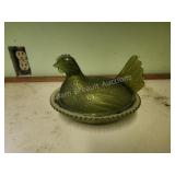 Vintage green glass hen on nest dish