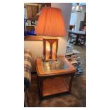 Oak square glass top end table and lamp