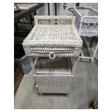 Vintage white wicker storage side table