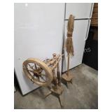 Antique wooden spinning wheel, stool, broom, etc