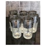 Vintage 8pc Etched Silver Band Ribbed Glasses