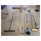 Assorted hand tools - push brooms, spade shovel,
