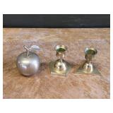 Vintage brass Apple Bell, candlestick holders,