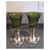Silver Plate Candlesticks w/ Green Bobeches