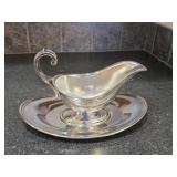 Vintage Silver Plate Gravy Boat w/ Attached Saucer