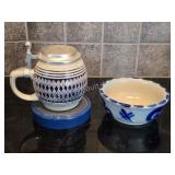 Vintage Blue & White Dotted Lidded Mug + Bowl