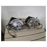 Plastic milk crate with two vintage circular