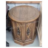 Vintage 20 inch round ornate two door end table